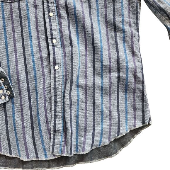 Vtg Saddle King Western Shirt Mens 2X: 18.5 Long Sleeve Blue Stripe Pearl Snap - Picture 7 of 9